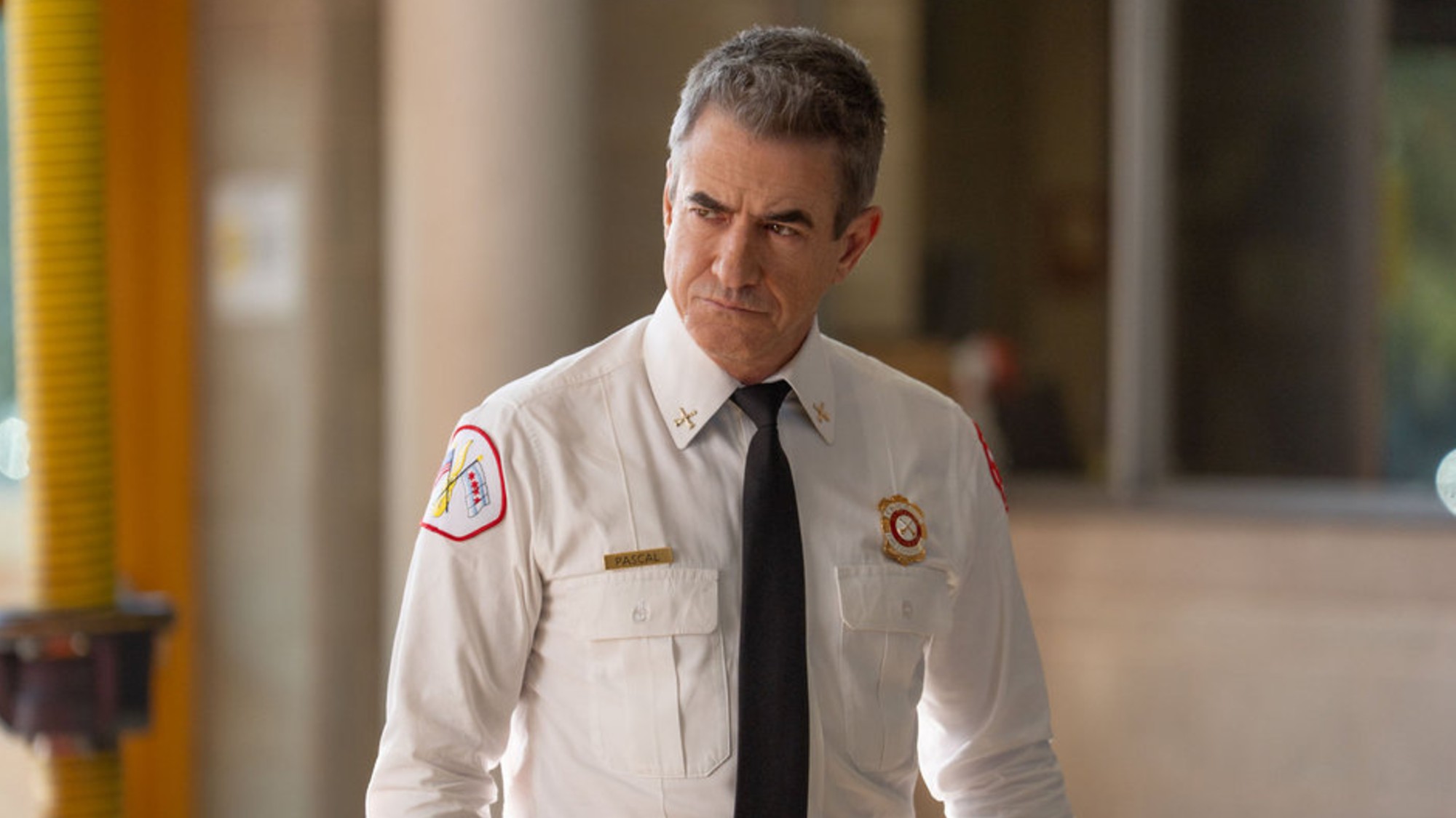 Dermot Mulroney as Chief Dom Pascal on Chicago Fire.