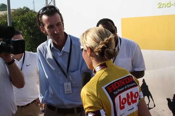 Rochelle Gilmore (Lotto-Honda) is interviewed after her stage win in Qatar.