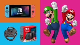 A selection of images of Super Mario characters and the Nintendo Switch and Switch 2.