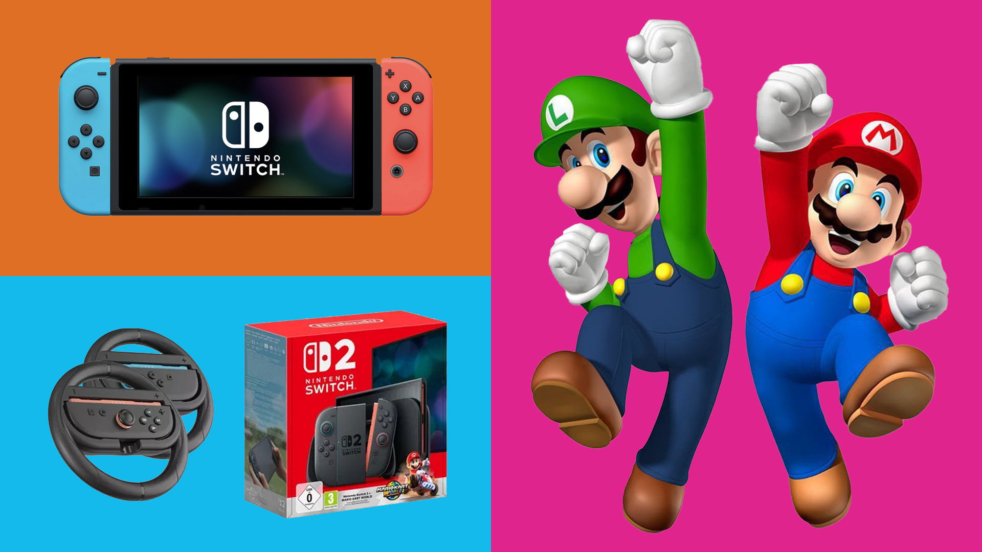 A selection of images of Super Mario characters and the Nintendo Switch and Switch 2. 