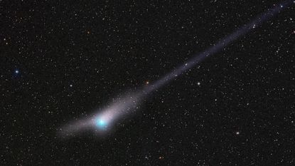 Comet C/2022 E3 (ZTF) with a short third tail (to the left of the comet) and longer gas and dust tails (to the right of the comet) on Jan. 21.