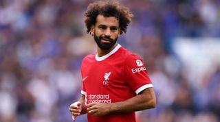 Liverpool star Mohamed Salah during the Premier League match between Chelsea FC and Liverpool FC at Stamford Bridge on August 13, 2023 in London, England. (Photo by Marc Atkins/Getty Images)