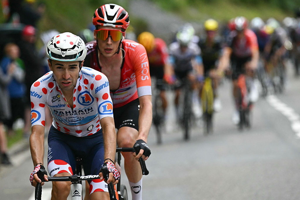 Lenny Martinez at the front of the race on stage 14 at the Tour de France