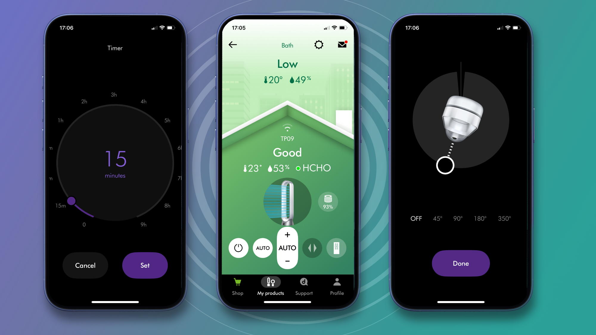 Three phone screens display different parts of the MyDyson app: the timer function, the dashboard, and the oscillation function.