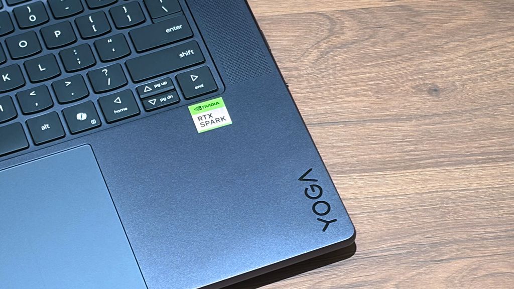 Lenovo Yoga laptop with RTX Spark on a wooden display table at Computex 2026