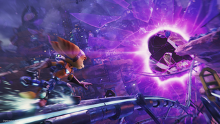 Ratchet & Clank Rift Apart: Ratchet grinding a rail into a rift portal