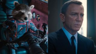 Rocket Raccoon pictured at steering controls in Guardians of the Galaxy Vol. 3 and Daniel Craig pictured sitting in No Time To Die, side by side.