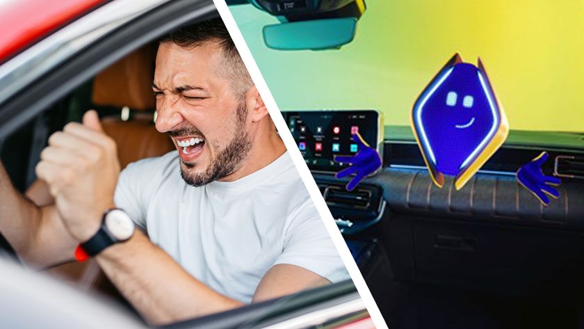 A man in a car getting angry next to a mock-up of a happy AI assistant in a car