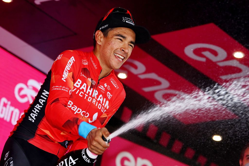 LAVARONE ITALY MAY 25 Santiago Buitrago Sanchez of Colombia and Team Bahrain Victorious celebrates winning the stage on the podium ceremony after the 105th Giro dItalia 2022 Stage 17 a 168 km stage from Ponte di Legno to Lavarone 1161m Giro WorldTour on May 25 2022 in Lavarone Italy Photo by Tim de WaeleGetty Images