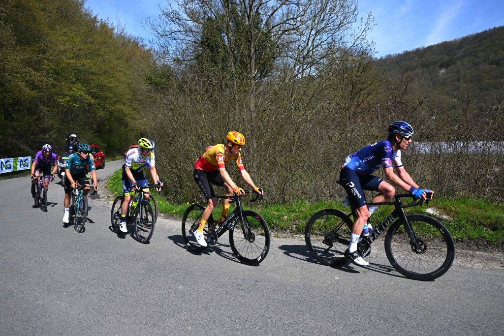 HUY BELGIUM APRIL 19 LR Georg Zimmermann of Germany and Team Intermarch Circus Wanty Jacob Hindsgaul of Denmark and UnoX Pro Cycling Team and Daryl Impey of South Africa and Team Israel Premier Tech compete in the breakaway during the 87th La Fleche Wallonne 2023 Mens Elite a 1943km one day race from Herve to Mur de Huy UCIWT on April 19 2023 in Huy Belgium Photo by Luc ClaessenGetty Images