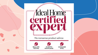 Ideal Home certified expert logo on a white square with a pink and blue abstract patterned background