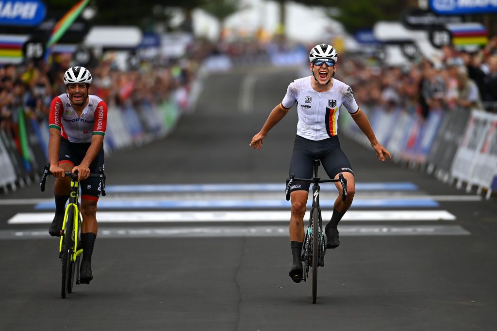 WOLLOGONG AUSTRALIA SEPTEMBER 23 Emil Herzog of Germany R celebrates at finish line as race winner ahead of Antnio Morgado of Portugal L during the 95th UCI Road World Championships 2022 Men Junior Road Race a 1356km race from Wollongong to Wollongong Wollongong2022 on September 23 2022 in Wollongong Australia Photo by Tim de WaeleGetty Images