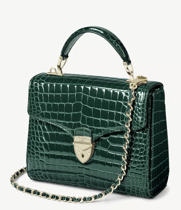 Aspinal of London, Midi Mayfair Bag in Evergreen Patent Croc