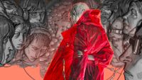A screenshot of Zero Parades key art from the September 2025 Sony State of Play gameplay trailer. A short-haired woman in a bright red trench coat looks toward the viewer. A collage of gloomy black and white heads surround her with an orange background peeking through at the bottom.