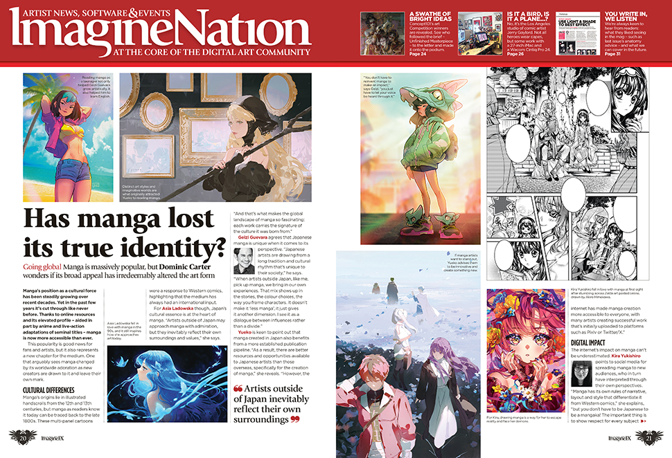 Spread from issue 259 of ImagineFX magazine, giving a small preview of the contents.