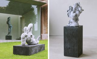 Split image of two grey art sculptures