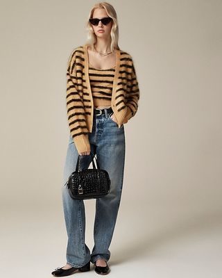 Brushed Cashmere Double-Breasted Cardigan Sweater in Stripe