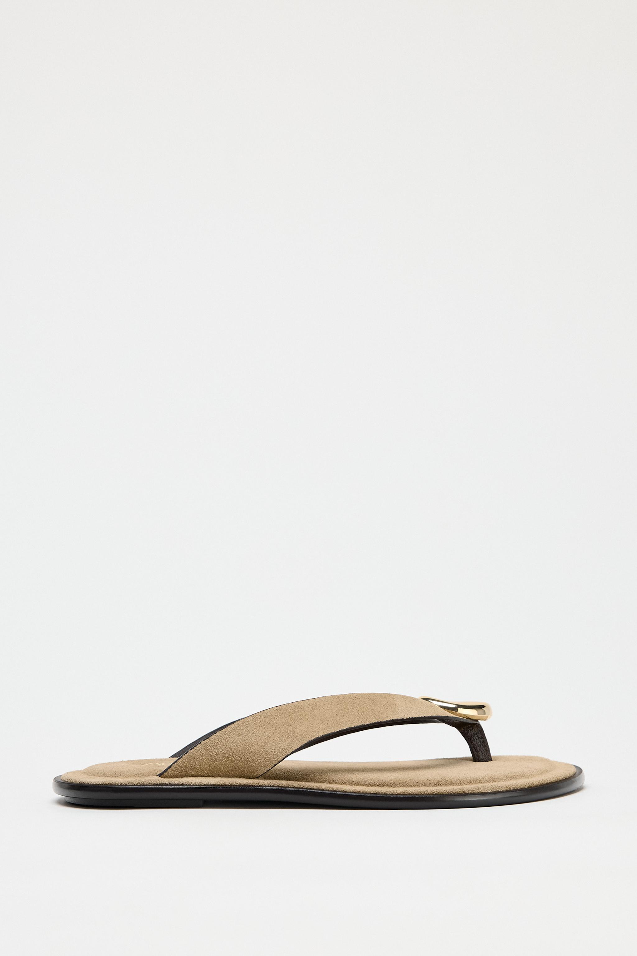 Flat Split Suede Sandals With Metal Embellishment