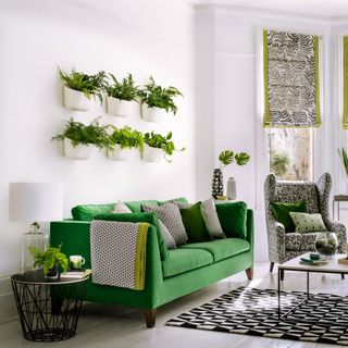 Green velvet sofa in a living room with potted plants on walls and patterned textiles