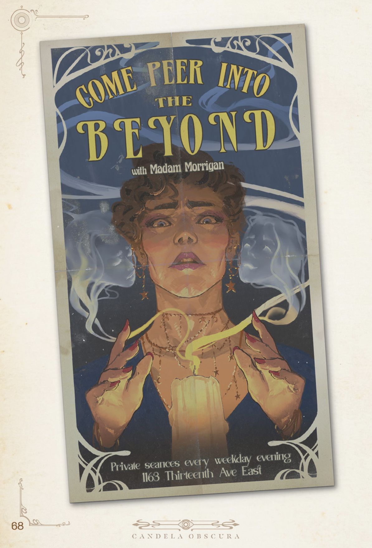 Candela Obscura page showing a 1900s-style s&eacute;ance poster