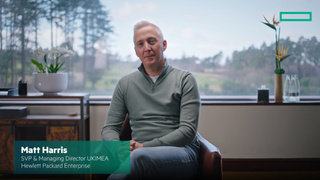 A screenshot from an HPE Clouded video showing Matt Harris, SVP & Managing Director UKIMEA at HPE, speaking to the camera