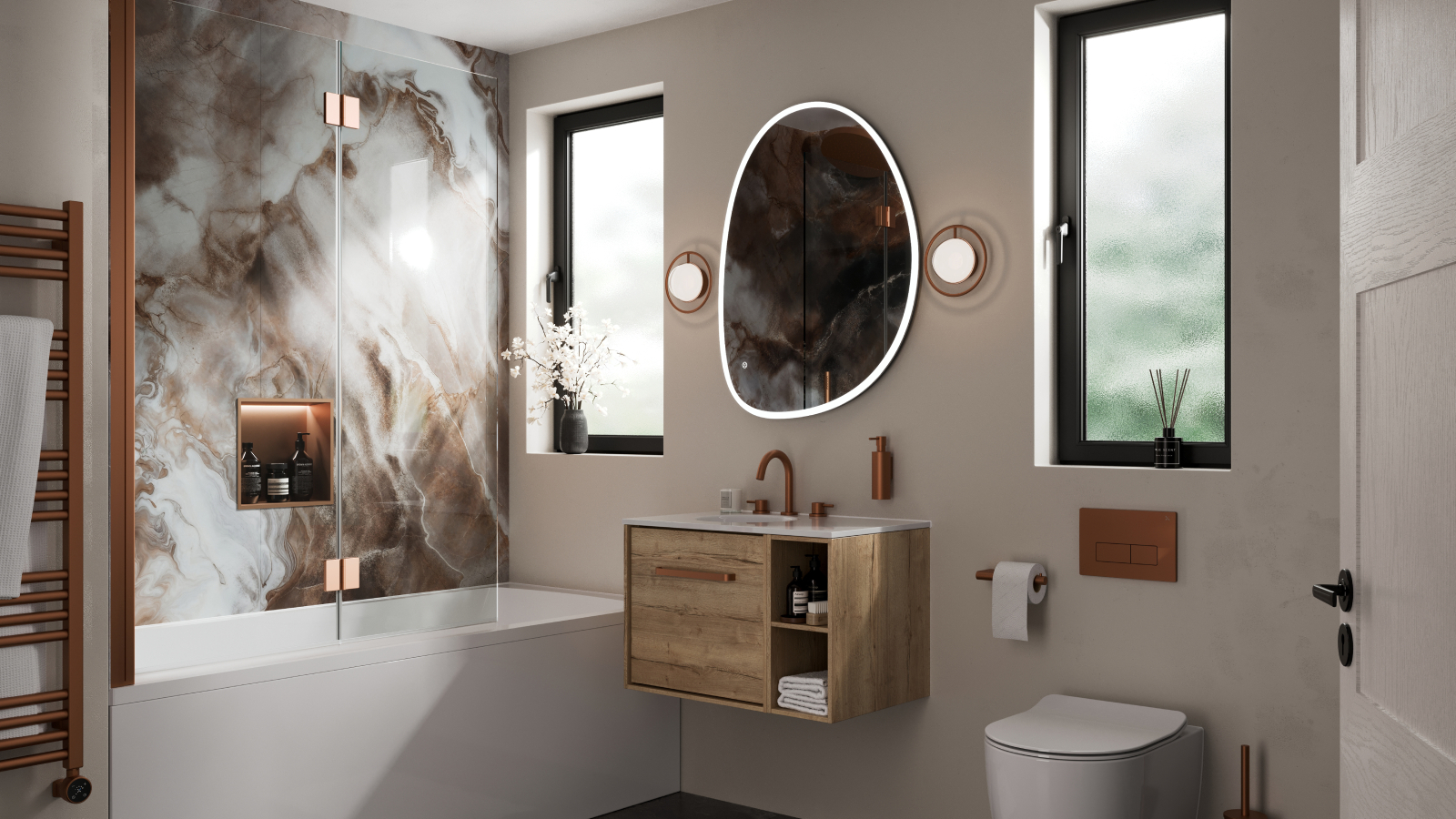 bathroom with two windows, shower over bath, wall mounted vanity, back to wall toilet and copper colour towel radiator and brassware