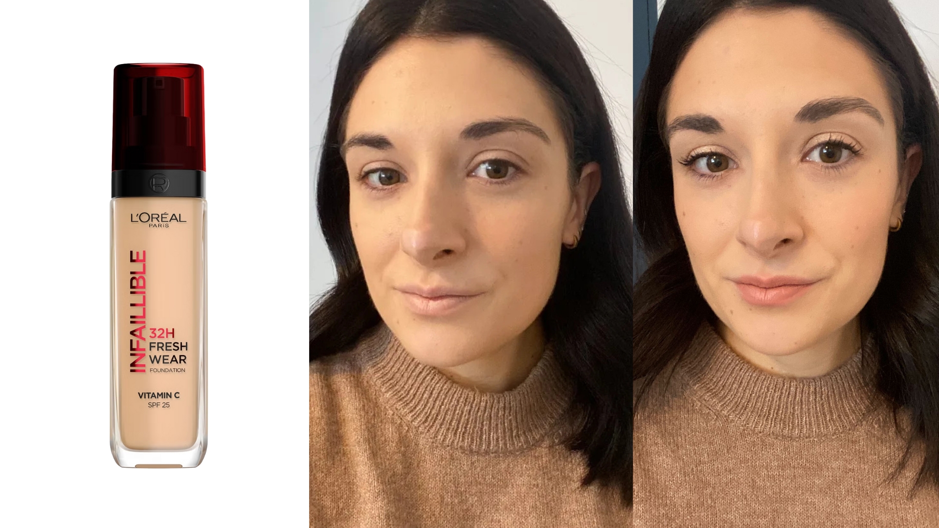 Image of L'Oréal Paris Infallible 32h Freshwear Liquid Foundation, Jess before applying the foundation, Jess after applying the foundation