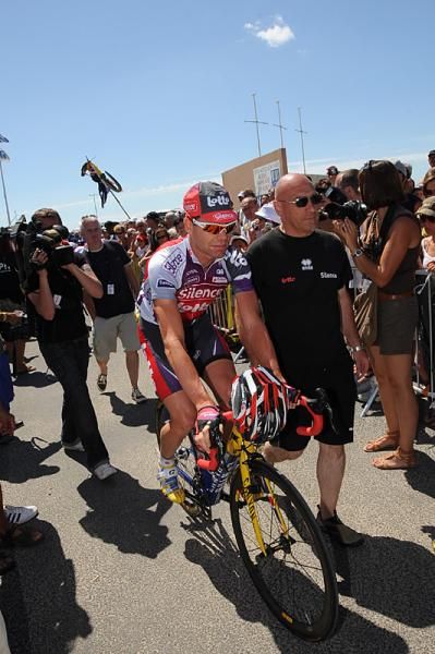 Cadel Evans (Silence-Lotto) rides to the start of stage five.