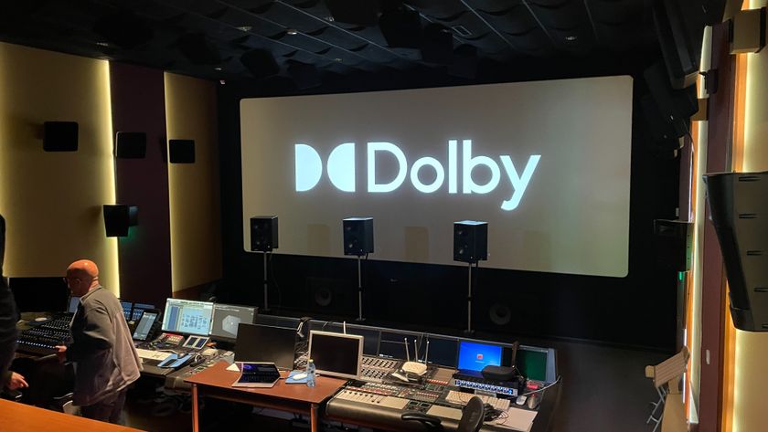 Mixing desk and speakers in a Dolby mixing studio 