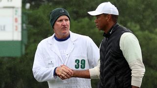 Tiger Woods with caddie Joe LaCava at the Masters