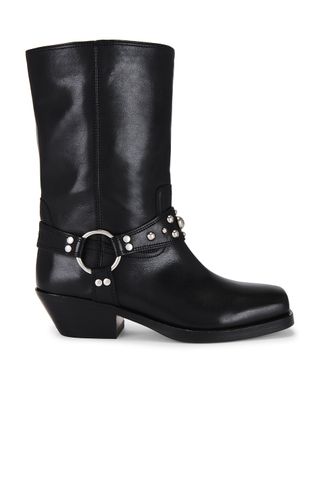 black block heel boots with silver buckle detail