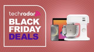 Assorted tech products on a red background with black friday deals text overlay