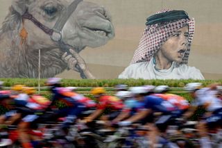 ABU DHABI UNITED ARAB EMIRATES FEBRUARY 11 The peloton passes a wall mural during the 2nd UAE Tour 2024 Stage 4 a 105km stage from Louvre Abu Dhabi Museum to Abu Dhabi Breakwater UCIWWT on February 11 2024 in Abu Dhabi United Arab Emirates Photo by Dario BelingheriGetty Images