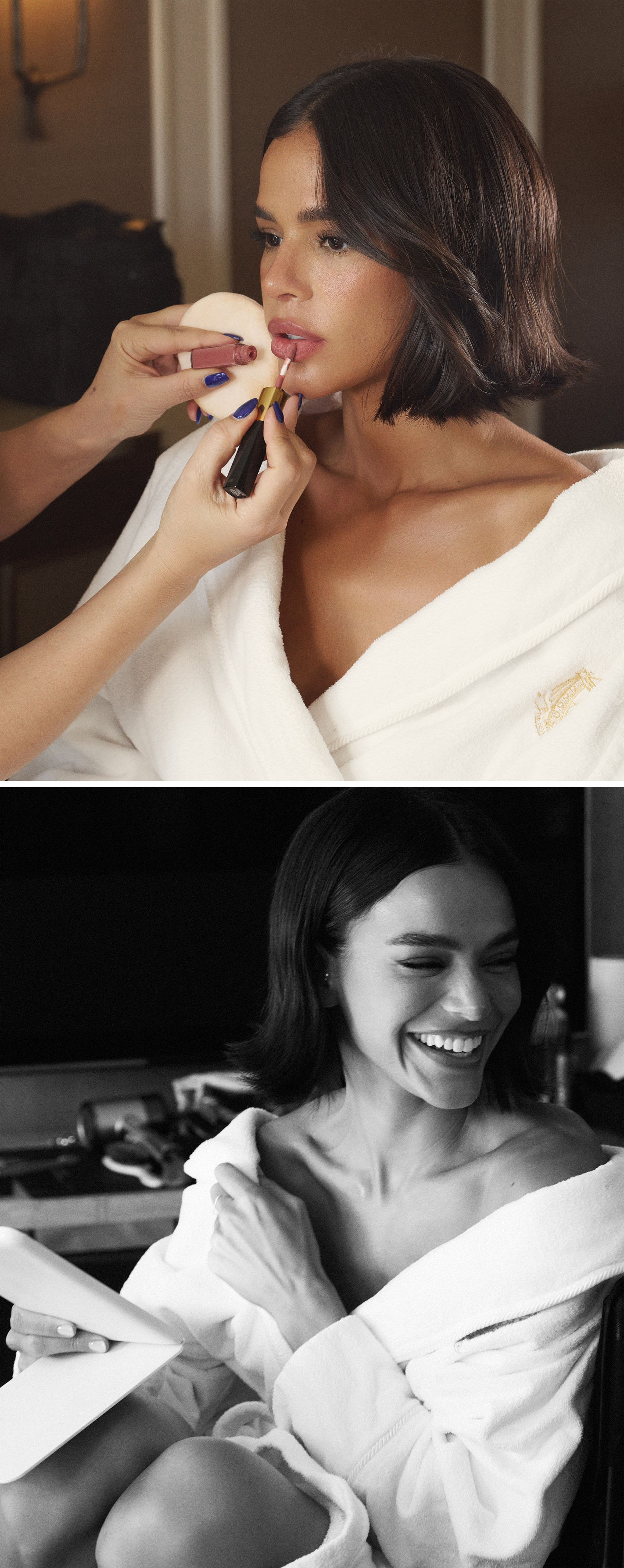 Bruna Marquezine photographed by Dennis Leupold for Who What Wear getting ready for the 2026 Academy Awards. Top image: Makeup artist Diane Buzzetta puts the final touches on Marquezine using a Chanel lip color. Bottom image: Marquezine is seen laughing in the glam chair.
