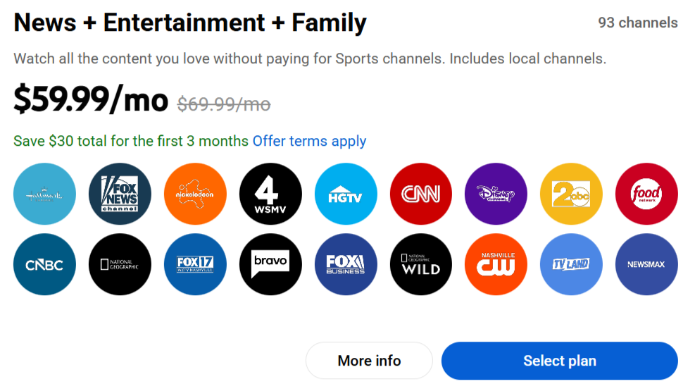 YouTube TV News, Entertainment and Family Plan
