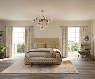 large bedroom with neutral colours, yellow and grey rug, large bed and windows either side of bed