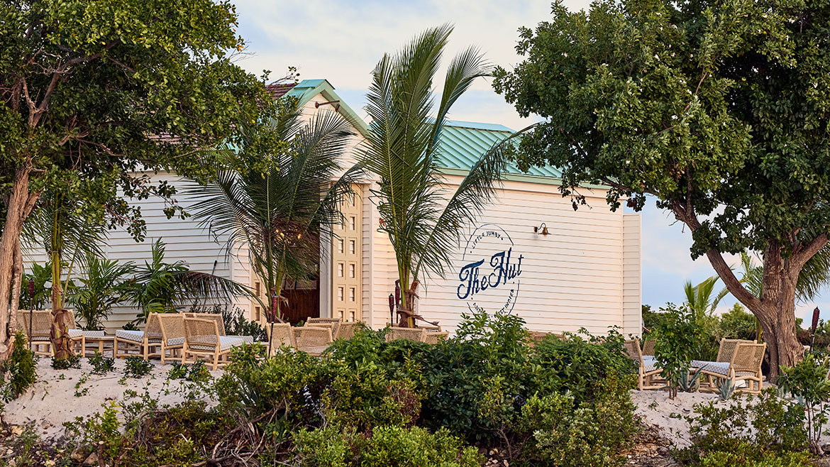 Exterior shot from the beach of The Hut, Little Jumby