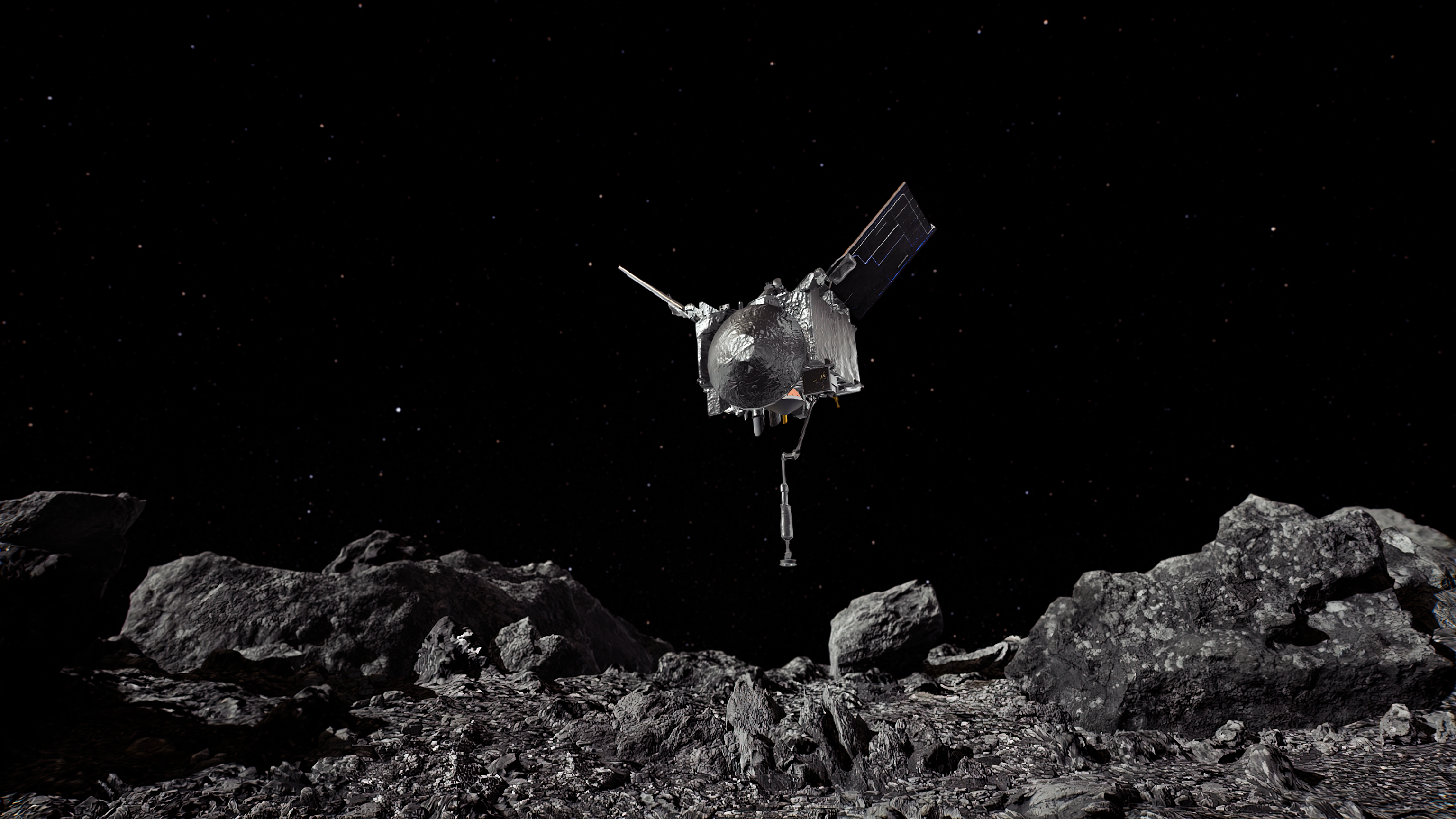 A rendering of a silver spacecraft with two solar panel wings (spacecraft looks like a cube) above a rocky grayish surface.