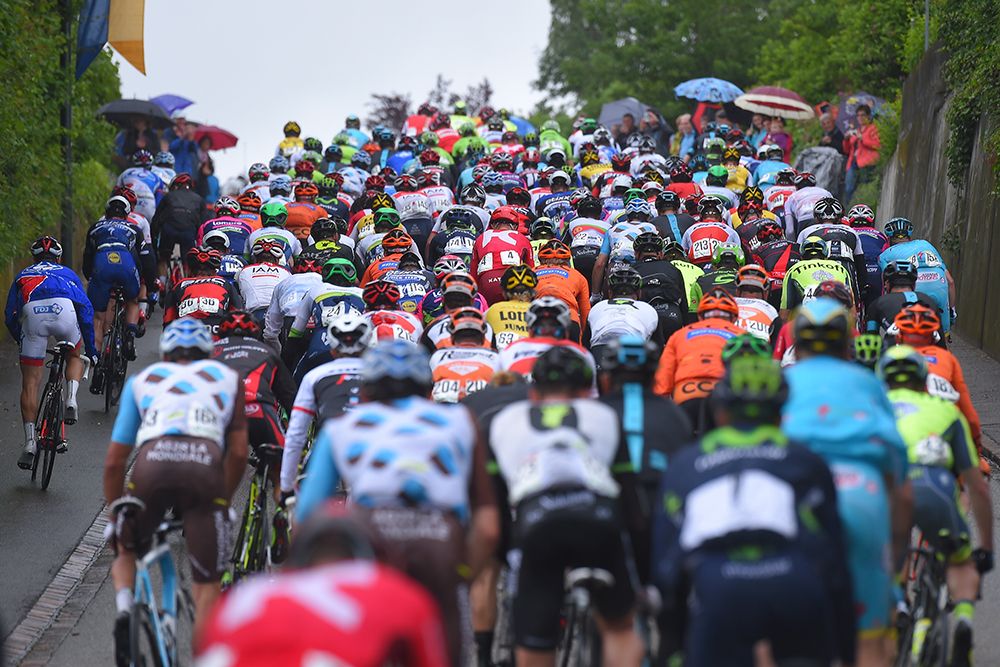 The peloton on a short climb during stage 3 of the Tour de Suisse