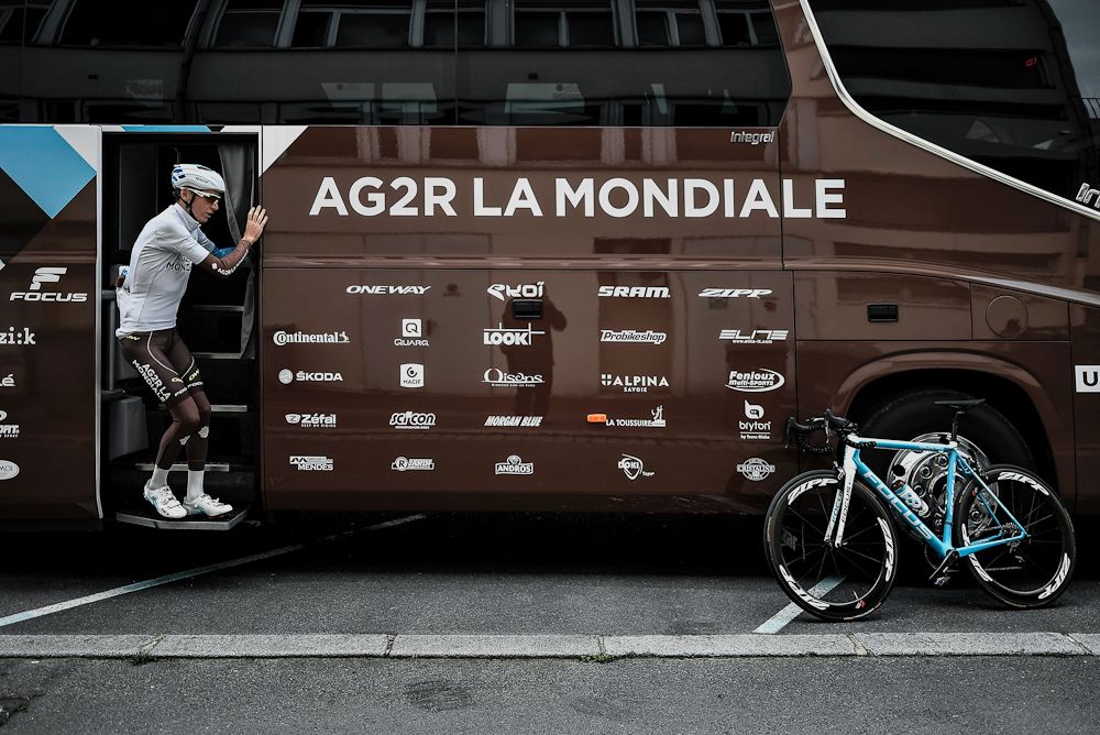 Romain Bardet of the AG2R La Mondiale cycling team prepares to take part in a training session in Saint-Lo