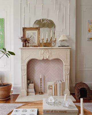 Pink tiled fireplace in neutral modern living room