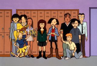 a still from the show Daria of several high schoolers including the goths and cheerleaders standing in front of lockers