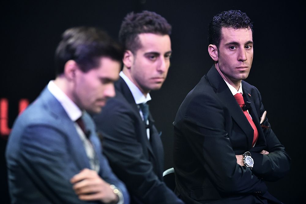 Vincenzo Nibali, former two-time winner, on stage at the 2018 Giro presentation