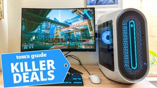Prime Day gaming PC deals badge over an Alienware Aurora R15