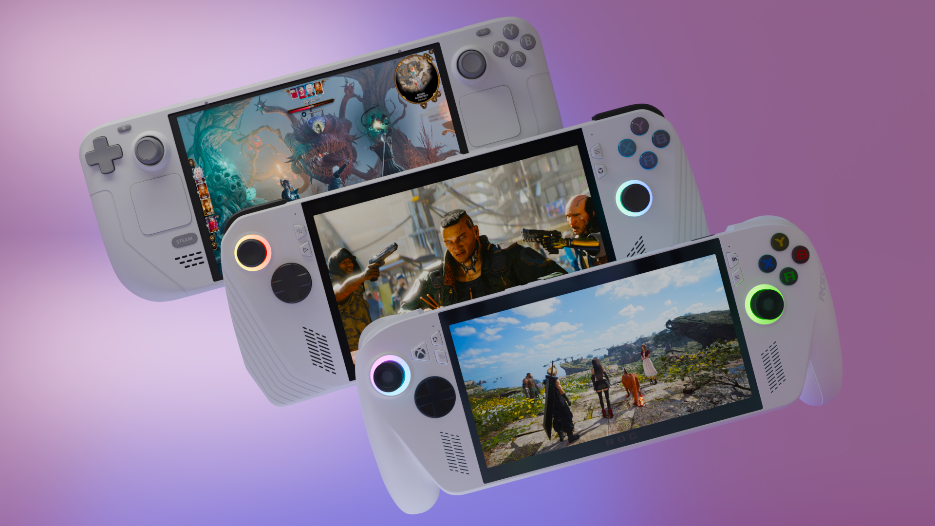 3D render of the Valve Steam Deck OLED, Asus ROG Xbox Ally, and ROG Xbox Ally handheld gaming PCs playing Baldur's Gate III, Cyberpunk 2077, and Final Fantasy VII Rebirth in front of a colorful backdrop.