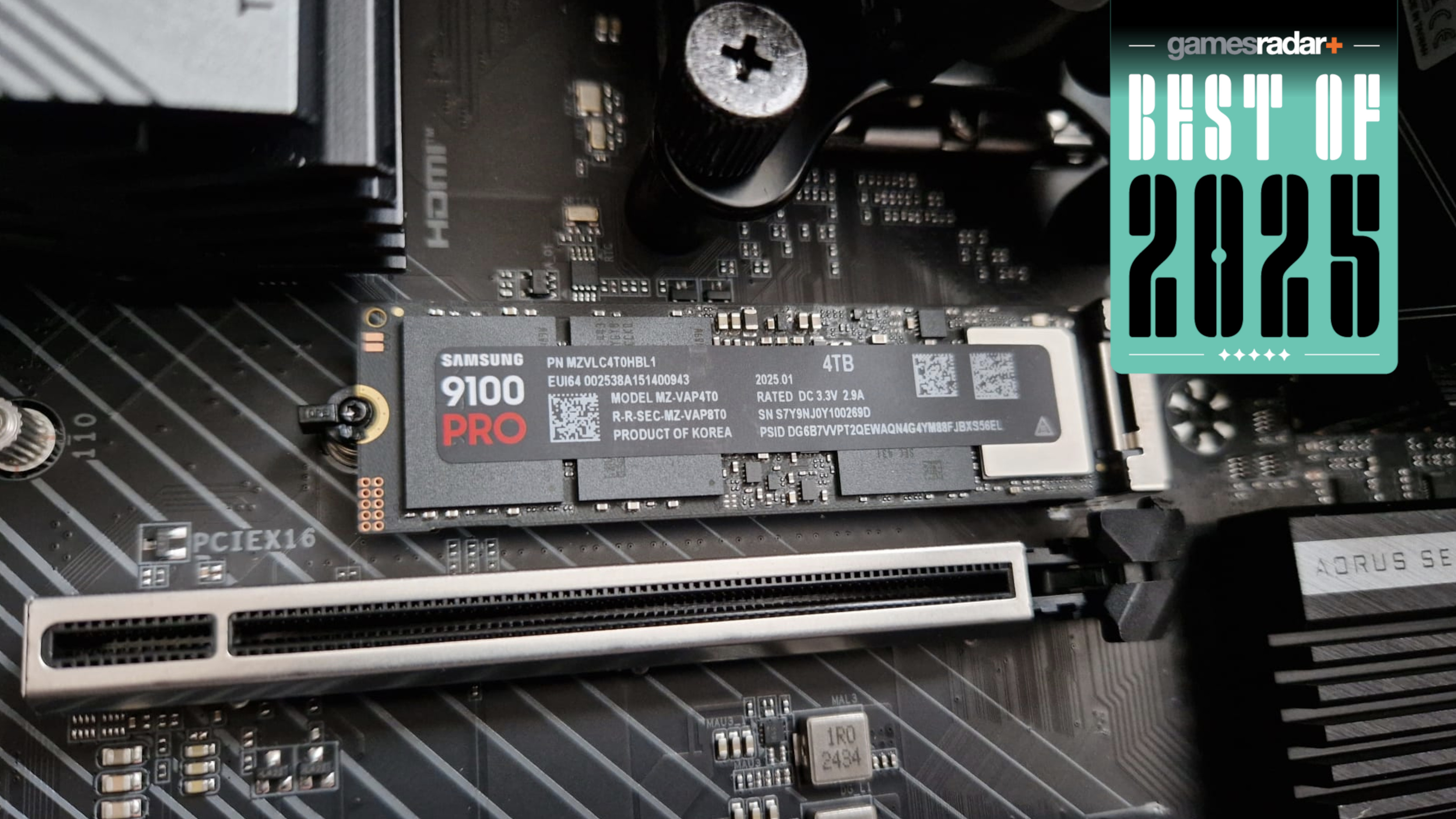 Samsung 9100 Pro SSD installed with 'best of 2025' badge