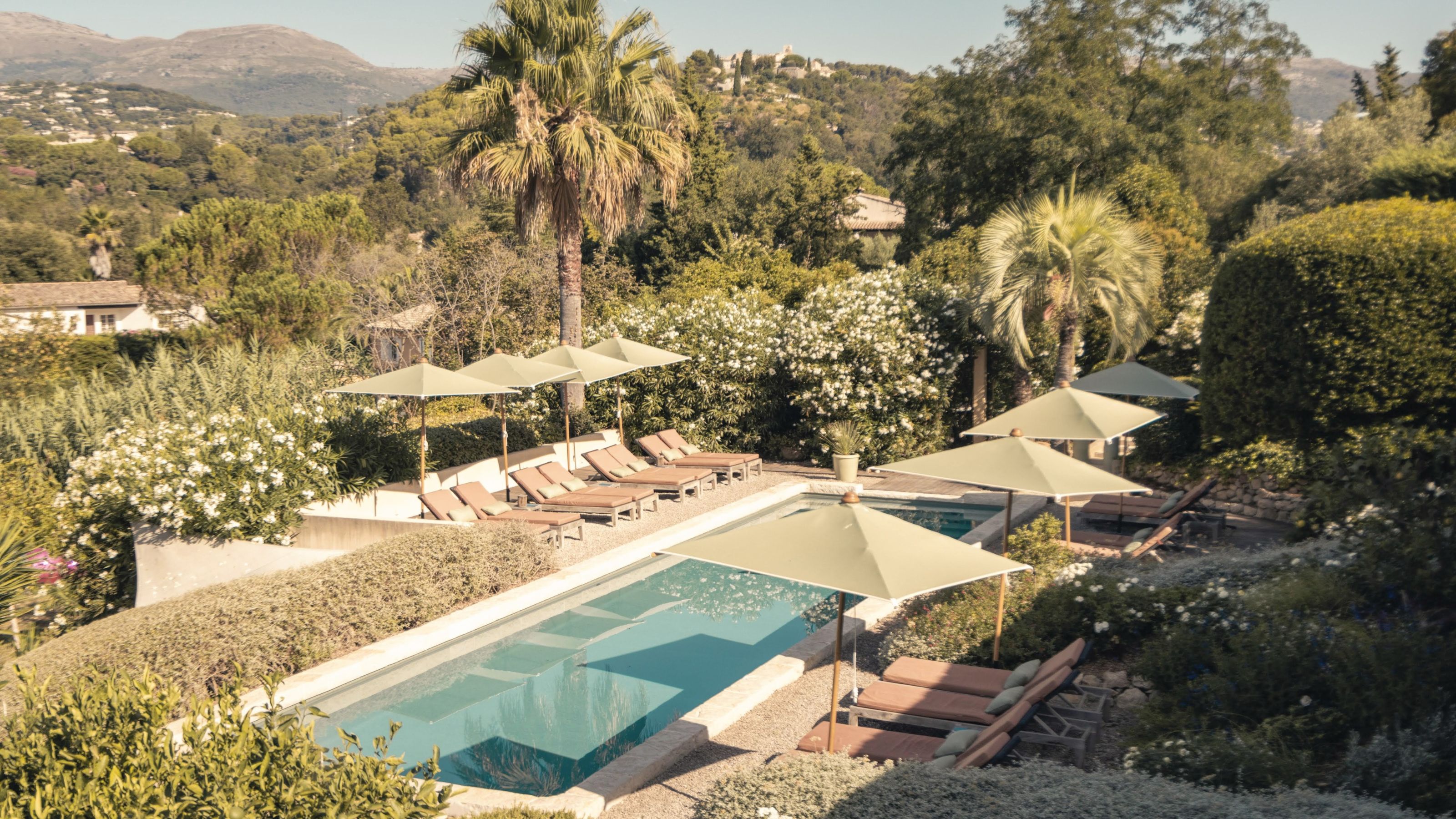 An aerial view of a narrow turquoise swimming pool lined with neutral sun loungers and parasols, nestled within a hillside of tropical palms and greenery.