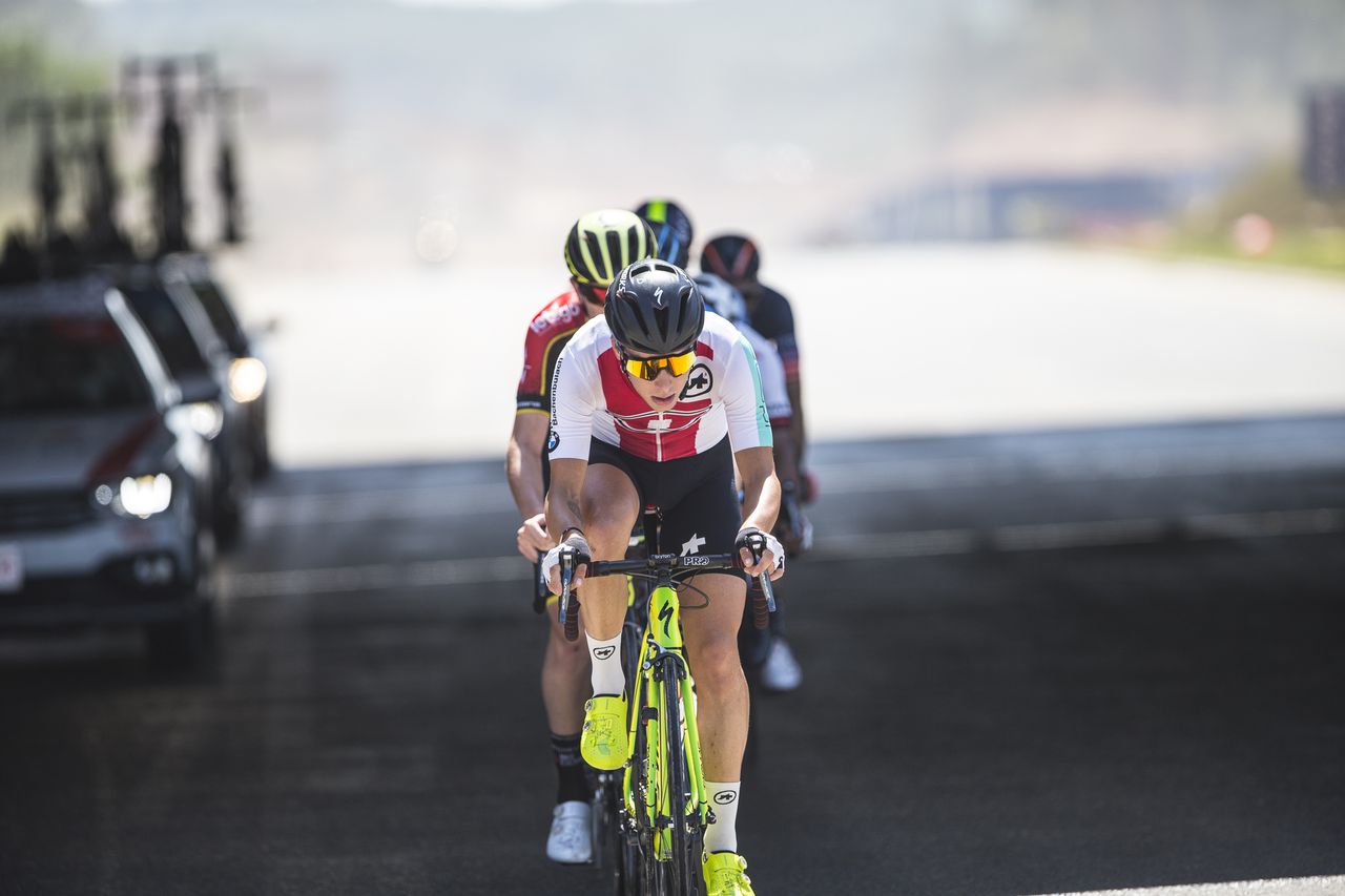 Simon Pellaud leads the breakaway