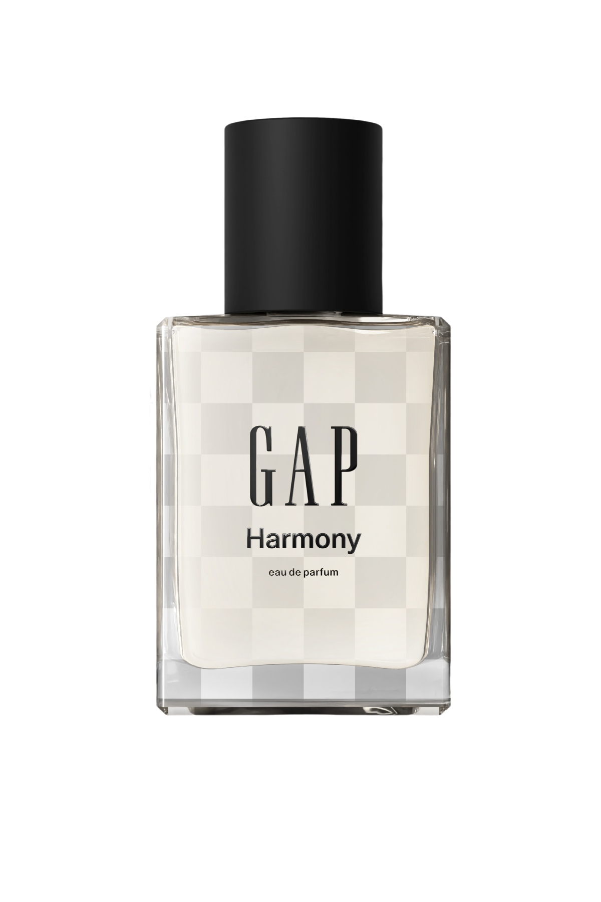 a clear glass bottle of Gap Harmony perfume
