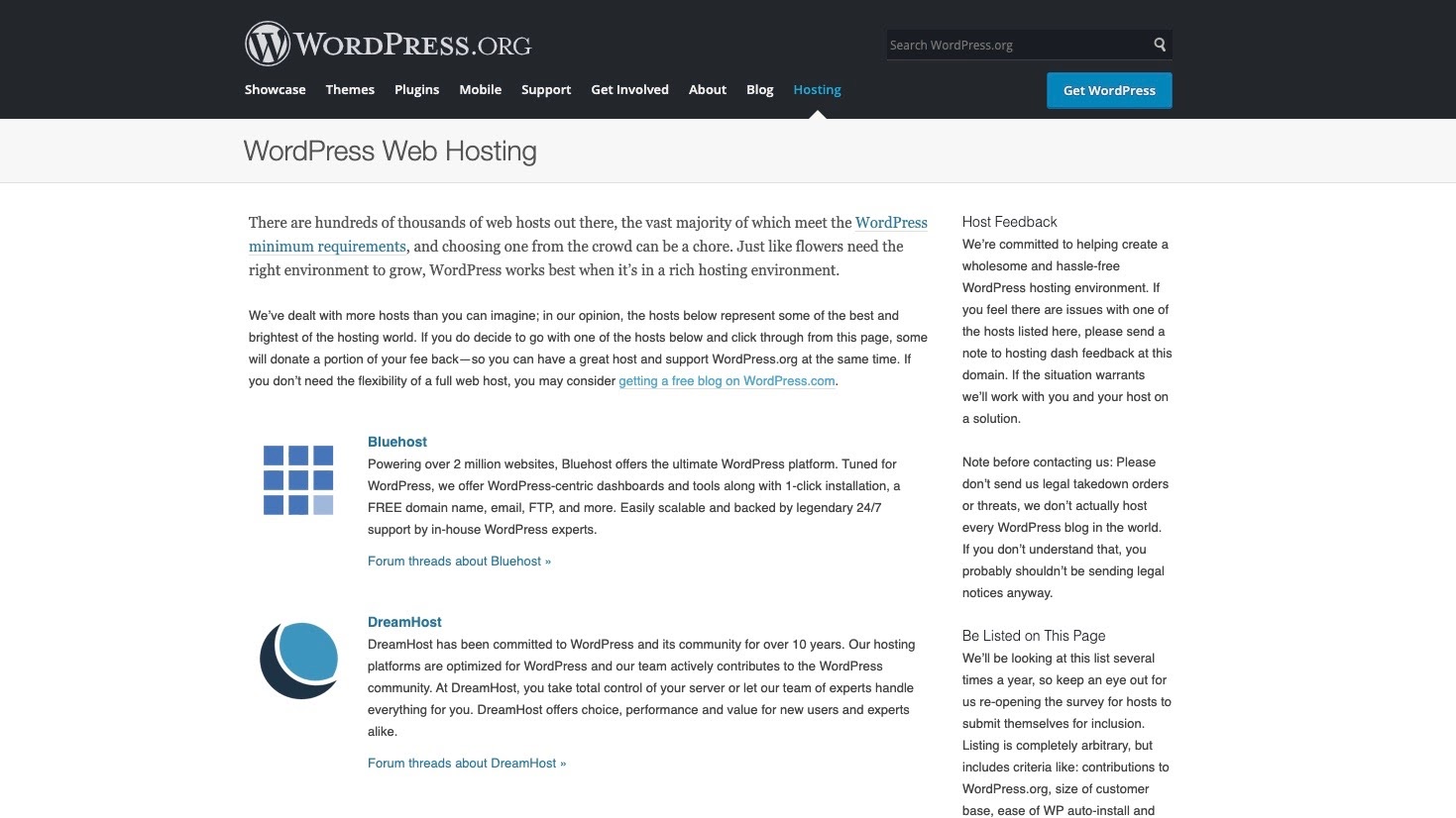 WordPress's webpage discussing recommended web hosts
